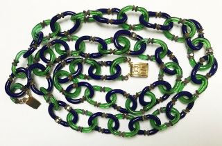 Vintage Archimede Seguso For Chanel Blue & Green Murano Glass Chain Necklace 32 "