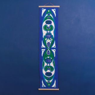 Vintage 1960s Long Abstract Blue & Green Fish Fabric Table Runner / Wall Hanging