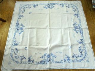 Willow Pattern Hand Embroidered Vintage Large Linen Tablecloth
