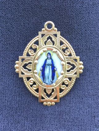 Vintage 10k Yellow Gold Enamel Virgin Mary Miraculous Medal Charm Pendant Italy