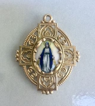 Vintage 10K Yellow Gold Enamel Virgin Mary Miraculous Medal Charm Pendant Italy 3
