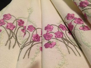 Vintage Hand Embroidered Cream Linen Tablecloth Stunning Flowers