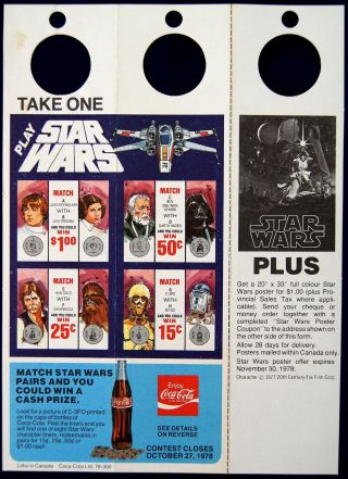 Canadian Coca - Cola Star Wars 1978 Cash Prize Campaign Poster Bottle Neck Hanging