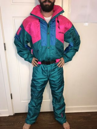 Vtg 80s 90s Green Nevica Mens Medium One Piece Ski Suit Snow Bib Snowsuit 40