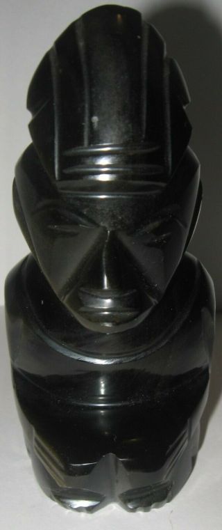 Black Gold Iridescent Carved Stone Obsidian Aztec Mayan Sitting Figure 5 "