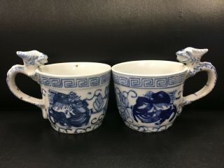 2 Vintage Chinese Dragon Handle Blue And White Tea Cup,  Hand Painted,  Signed