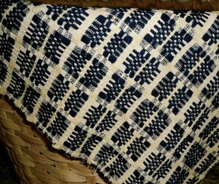 Antique Primitive Americana Loom Woven Wool Jacquard Pc.  Deep Indigo Blue Tan