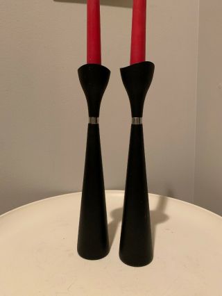 Set Of 2 Mid Century Modern Danish Wood Candle Holders Black