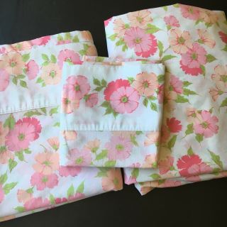 Vintage Pink Floral Sheet Set Fashion Manor Double 3piece Flat Fitted Pillowcase