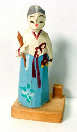 Vintage Korean Woman Folk Art Wood Carved And Hand Painted Doll Figurine