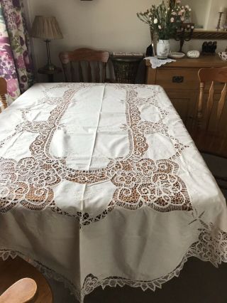 Vintage Embroidered Cut Work Cream Linen Oval Table Cloth 98 " By 64 "