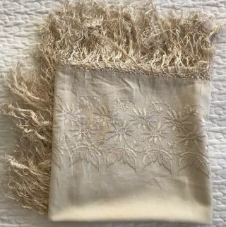 Antique Cream & Silk Floral Embroidered Tasseled Piano Shawl Throw Scarf 52x50”