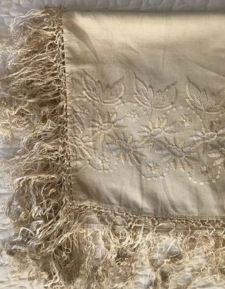 Antique Cream & Silk Floral Embroidered Tasseled Piano Shawl Throw Scarf 52x50” 2