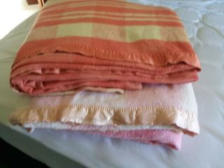Pr.  Fold Over 160 - 154 " Extra Long Vtg Pinks Plaid Cotton Summer Camp Blanket
