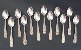 12 Antique Kirk & Son Repousse Sterling Silver Demitasse Expresso Coffee Spoons