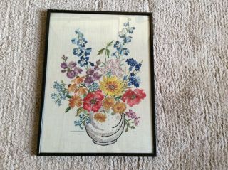 Vintage Hand Embroidered Framed Flower Picture 1950s Era