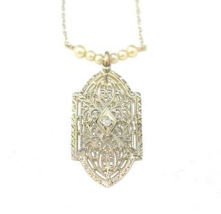 Antique Victorian 10k White Gold Diamond Seed Pearl Filigree Lavaliere Necklace