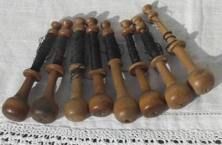 Set Vintage French Wood Bobbins Lace Making Spools Wooden Black Mourning Thread