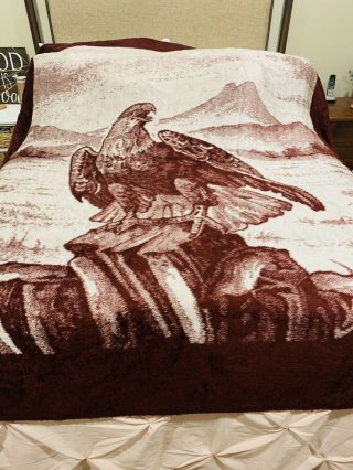 Vintage San Marcos Eagle Reversible Blanket Size 75x90 " Large Red