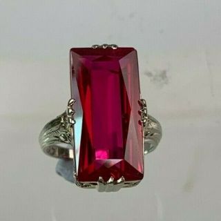1920s Vintage 14k White Gold Ring W/ Luscious Red Synthetic Ruby,  Size 3.  5
