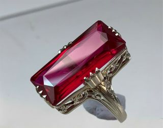 1920s Vintage 14k White Gold Ring w/ Luscious Red Synthetic Ruby,  Size 3.  5 2