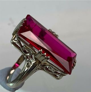 1920s Vintage 14k White Gold Ring w/ Luscious Red Synthetic Ruby,  Size 3.  5 3