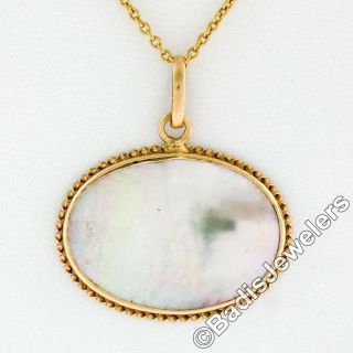 Vintage 18k Yellow Gold Large Oval Mother Of Pearl Pendant W/ Twisted Wire Frame