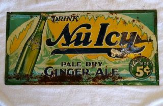 1900s Vintage Nu Icy Nu Ginger Ale Embossed Tin Litho Sign 12 X 23