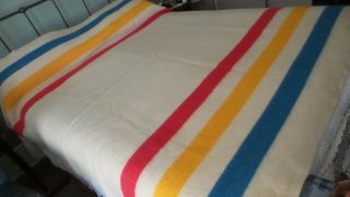 Vintage Antique Orrlaskan Wool Blanket,  Blue,  Red,  Yellow Stripe On Cream,  80 " X72 "