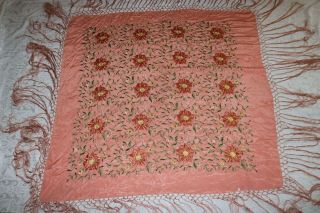 Antique 48 Inch Double Sided Silk Embroidered Piano Shawl With 16 Inch Fringe