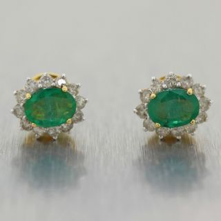 Antique Vintage Estate 18k Yellow Gold 3ctw Emerald & Diamond Earrings