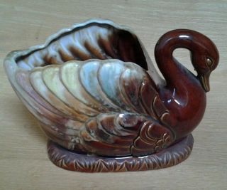 Vintage Glazed Ceramic Swan Duck Planter Japan 3