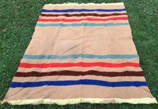 Vintage Baron Woolen Mills Wool Blanket Tan W Blue Brown Red Green Stripes