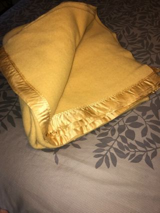 Vintage Heavy Gold 100 Wool Blanket Goldenrod Yellow Satin Bind Twin/full Euc