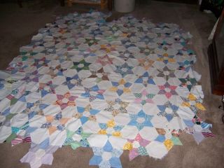Vintage Hand Pieced Star & White Octagon Pattern Quilt Top Needs Finishing