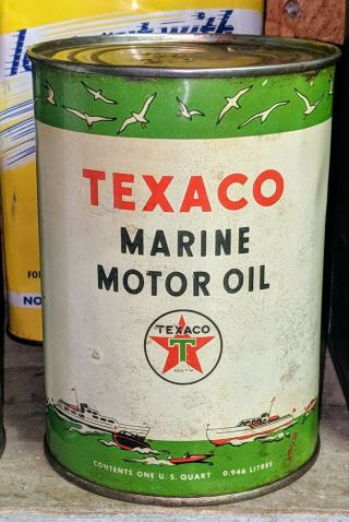 Old Texaco Marine Empty Metal 1 Quart Motor Oill Can W Graphics