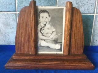 Antique Art Deco Geometric Wooden Photo Frame With Childs Photograph