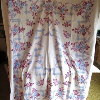 Vintage Cotton Tablecloth No Tags Blue Floral Country 1940 