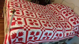 Vintage Handmade & Quilted Christmas Red & White Heirloom Patchwork Quilt 80x94
