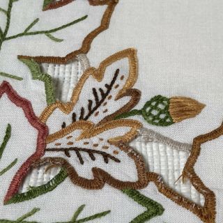 Vintage Hand Embroidered Linen Tea Tablecloth Oak Leaves Acorns Autumn 80x82cm