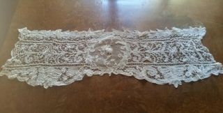 Antique French Net Lace Table Runner Floral Needlework Unusual Shape & Design