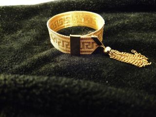 Vintage Costume Jewelry Gold Tone Mesh Bracelet Greek Key Design W Tassel