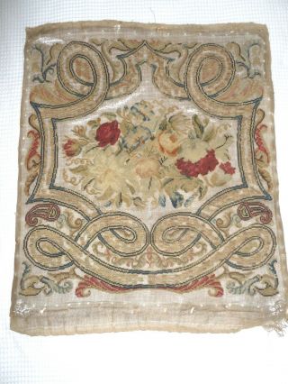 Antique Very Old Hand - Stitched Tapestry Stumpwork Panel Floral Swag Panel