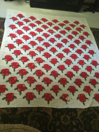 Vintage Chenille Bedspread Red Roses 90x102 Relisted Due To Error