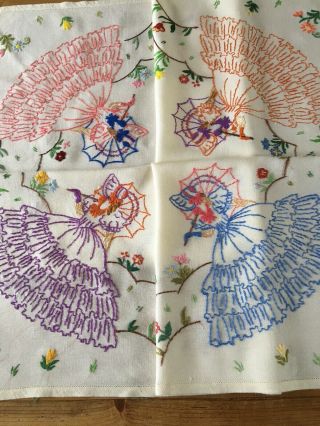 Vintage Tablecloth Hand Embroidered Crinoline Ladies And Flowers 104 X 100 Cm