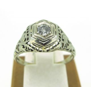 . 15 Ct Diamond Old Minor Cut 14k White Gold Antique Estate Ring Size 7.  5