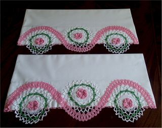 Vintage White Cotton Pillow Cases Pink Hand Crocheted Lace Rosettes