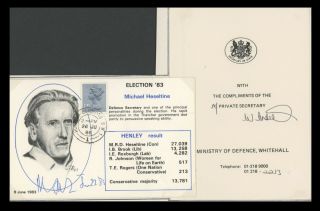 Uk Conservative Party - Michael Heseltine 1983 Signed Elections Card W/comps.  Slip