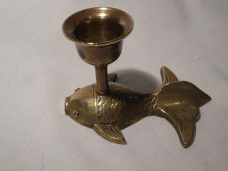 Small Unusual Brass Or Bronze Fish Candlestick Copper Eyes Mid Century Modern