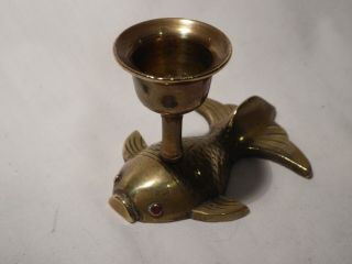 Small Unusual Brass Or Bronze Fish Candlestick Copper Eyes Mid Century Modern 2